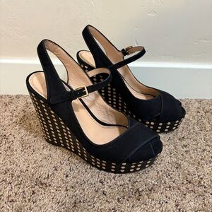TORY BURCH Ollie Leather/Suede Black Polka Dot Wedge Platform Sandals/Shoes Sz 9